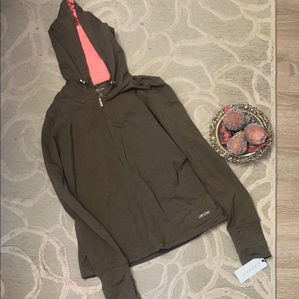 NWT🌷CALVIN KLEIN PERFORMANCE🌷Khaki cotton polyester Spandex zip front hoodie